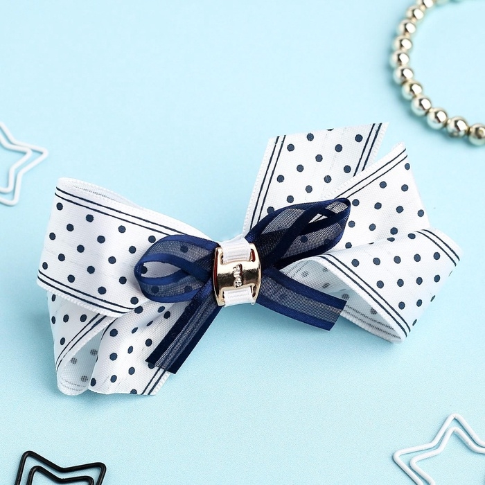 Резинка для волос &laquo;Школьница&raquo;, бант полоски горох, 8 см, бело-синяя