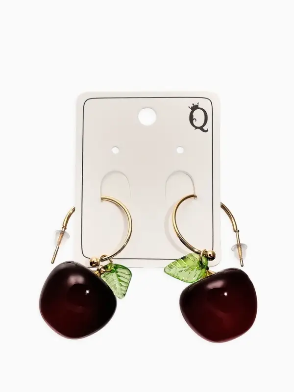 Серьги-кольца "Черешня с листочком", цвет бордовый в золоте
