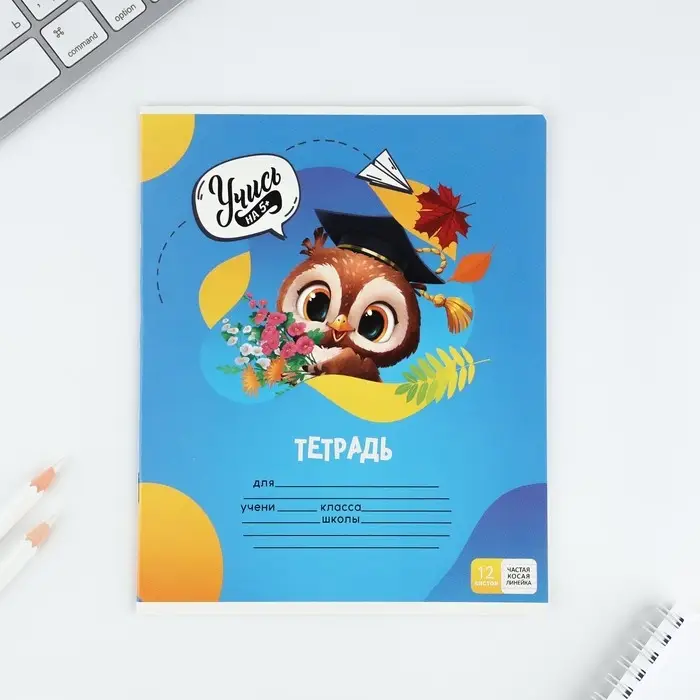 Тетрадь 12 листов в частую косую линейку, А5, на скрепке, блок №1 &laquo;Учись на 5+&raquo; МИКС
