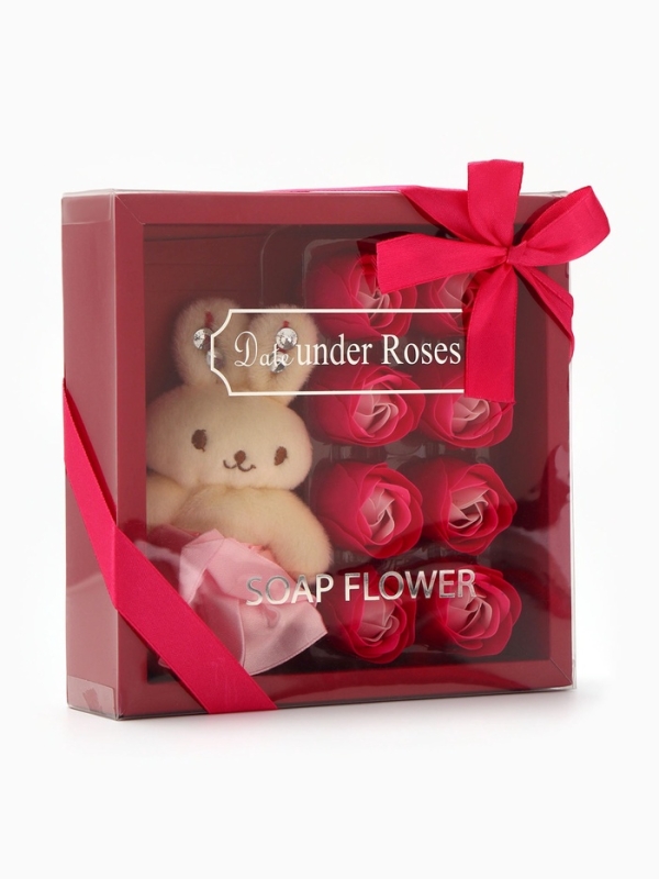Набор мыльных роз в коробке 8 штук, розово-белые с зайчиком