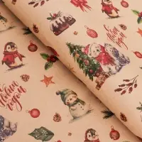 Бумага упаковочная новогодняя крафт бурый "Медвежата", 50 х 70 см.
