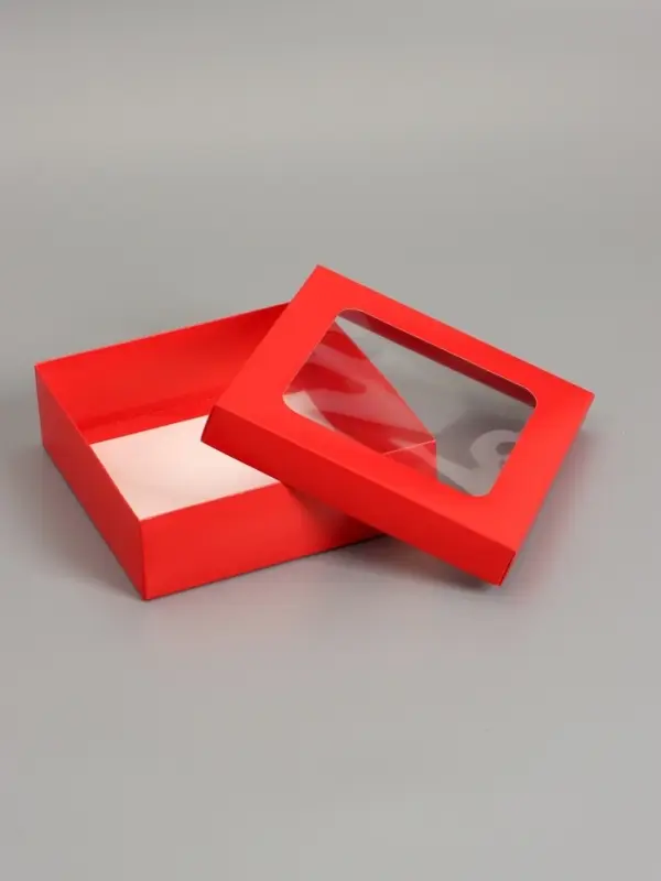 Коробка складная, крышка-дно, красная, с окном 20 х 20 х 6 см