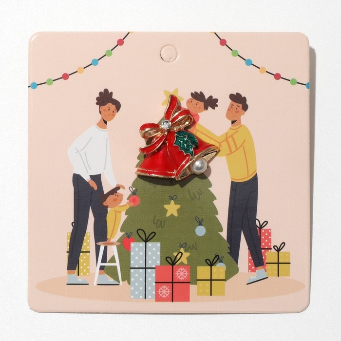 Новый год! Значок новогодний &laquo;Колокольчики&raquo; с жемчугом, цветной в золоте