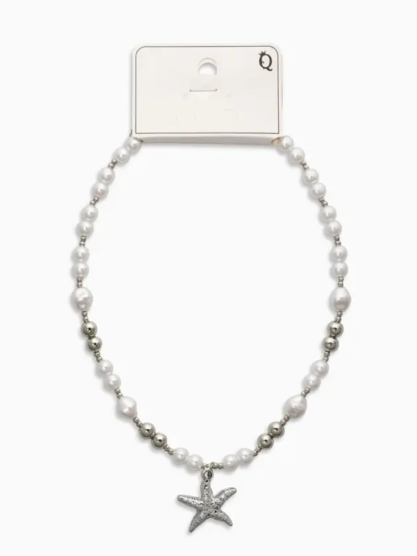 Кулон на жемчужных бусах "Морская звезда", цвет белый в серебре