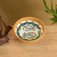 Тарелка керамическая с ротангом 13,5х13,5х3 см, МИКС