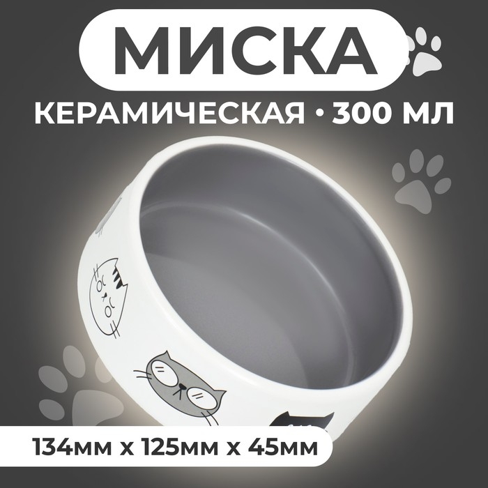 Миска керамическая "Четыре кота" 300 мл  12,5 x 4,5 cм, белая/серая