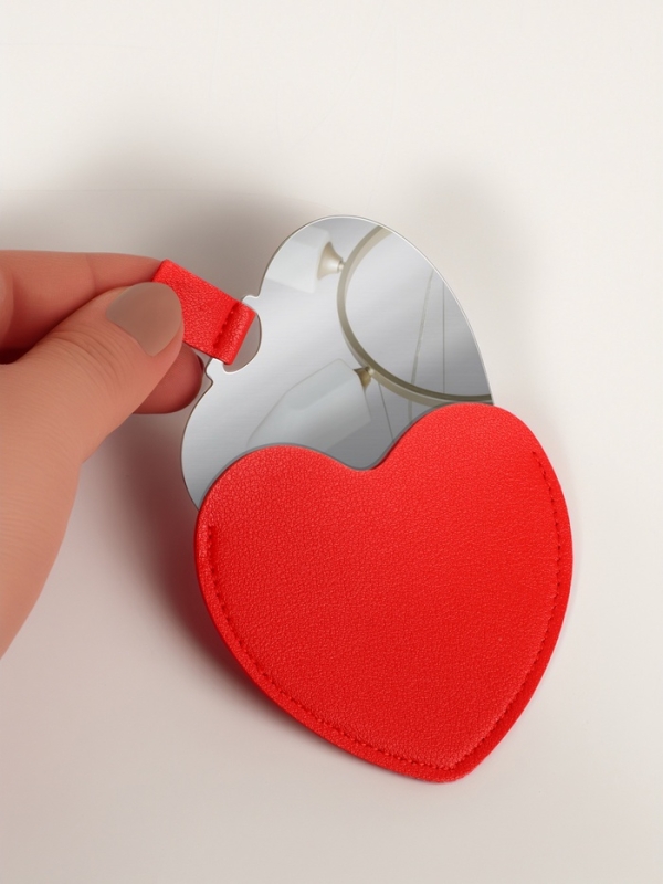 Зеркало  сердце (1) б/увел 8,4*9,5см/7,5*9см кожзам/акрил крас пакет QF