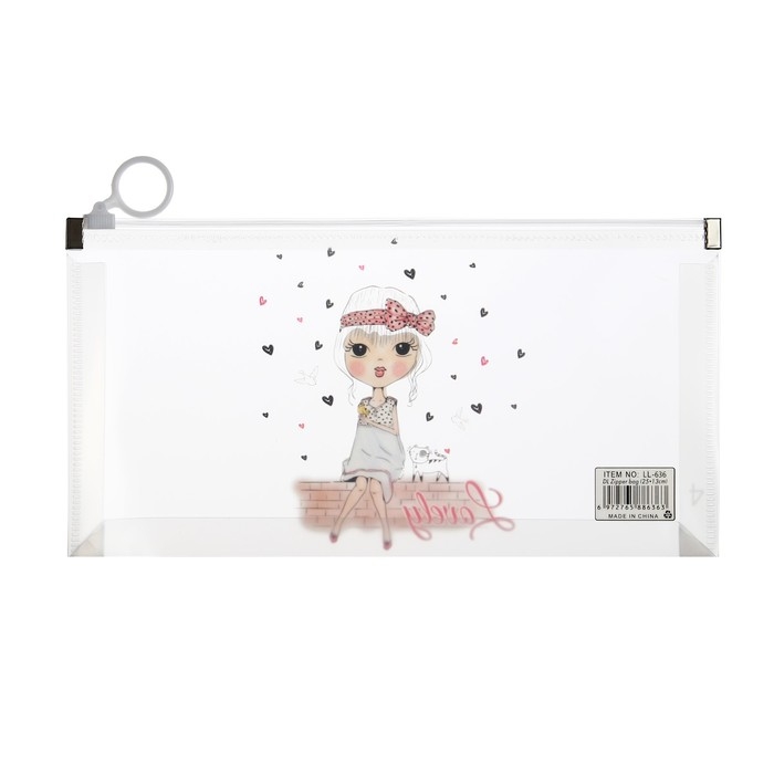 Папка-конверт на молнии формат А6, 180мкр, с рисунком "Маленькая девочка", МИКС