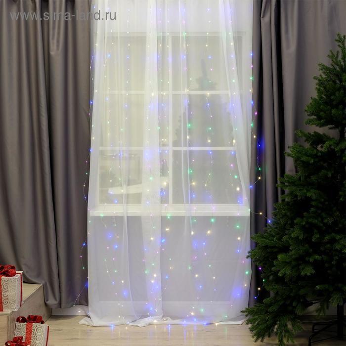 Гирлянда &laquo;Занавес&raquo; 2.8 &times; 3 м роса на крючках, с пультом, IP20, серебристая нить, 300 LED, свечение мульти, 8 режимов, USB