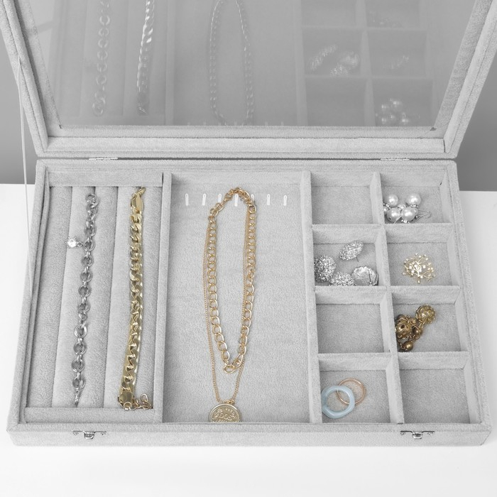 Подставка для украшений &laquo;Шкатулка&raquo; 4 полосы, 7 крючков, 8 ячеек, стеклянная крышка, цвет серый