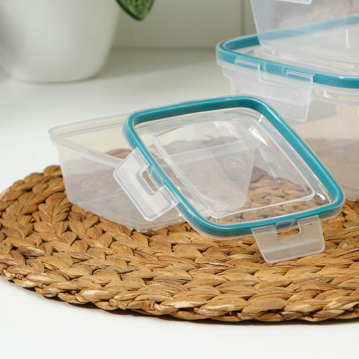 Набор контейнеров для продуктов с защёлкой, герметичная крышка, 3 шт: 400 мл, 800 мл, 1,5 л, прозрачные, крышка голубая
