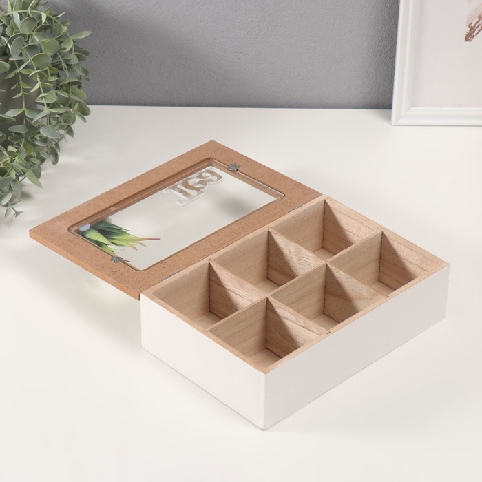 Шкатулка дерево с делениями "Чай. Кактус в горшочке" 16х23,5х9,5 см