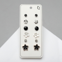 Пусеты 6 пар &laquo;Романтика&raquo; цветочки, чёрно-белый в серебре