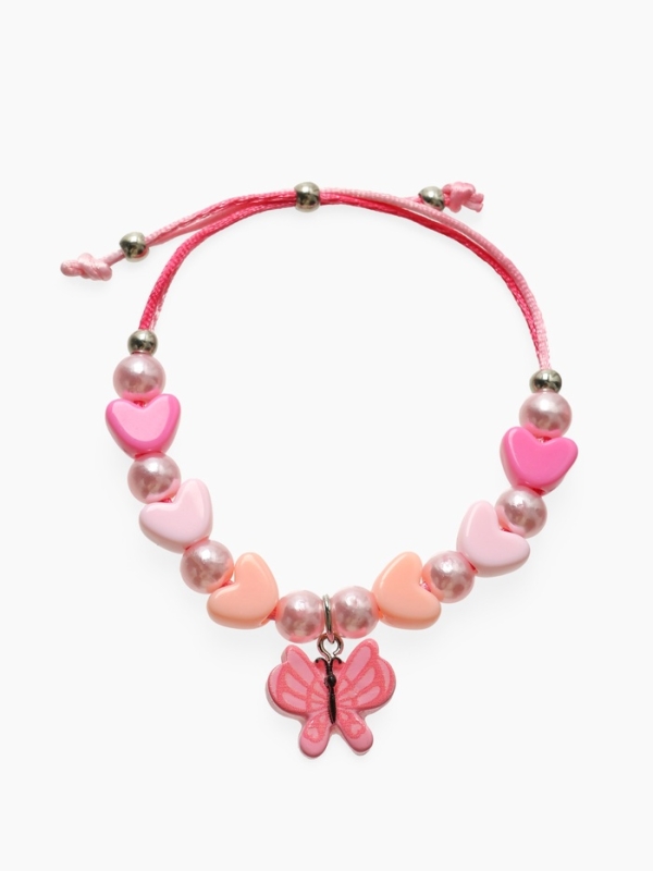 Браслет детский "Выбражулька" на затяжке, бабочка с бусинами сердце, цвет розовый
