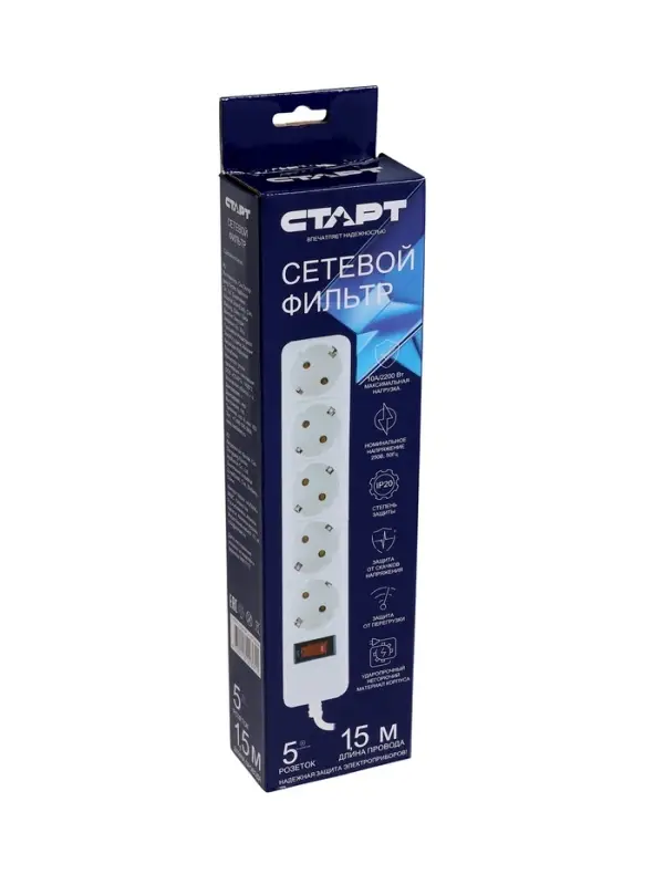 Сетевой фильтр СТАРТ, 5 розеток, 1,5 м, 10А, ПВС 3*0,75 мм2, с з/з, с выкл, IP 20, белый