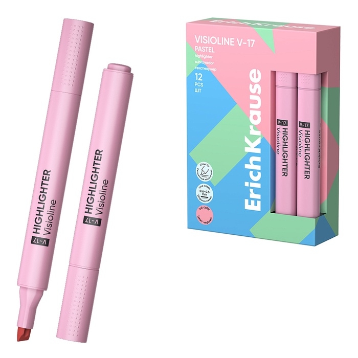 Маркер текстовыделитель ErichKrause Visioline V-17 Pastel, 0.6-4.5 мм, чернила на водной основе, розовый