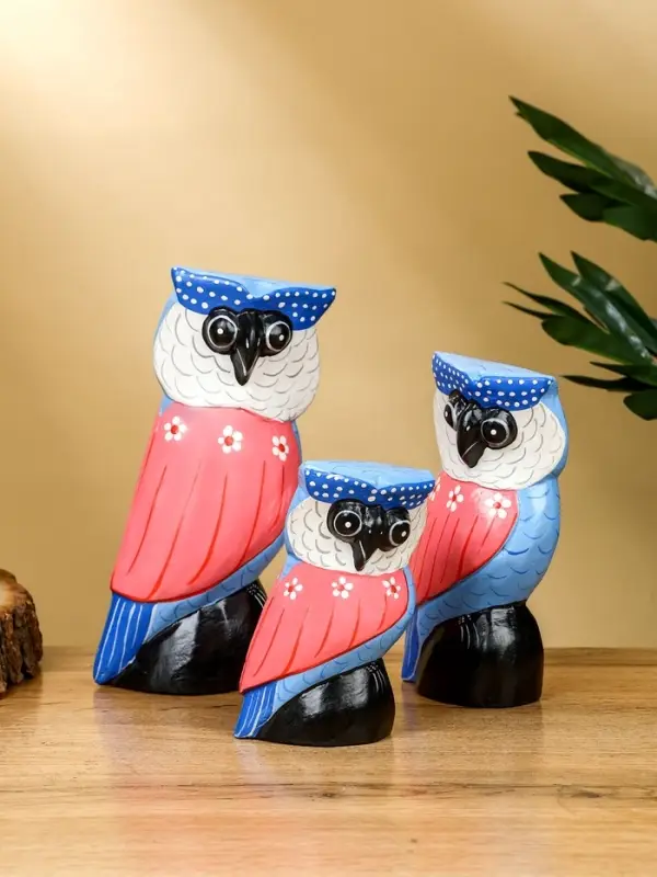 Набор сувенирный &laquo;Совы&raquo;, h=18 см, h=14 см, h=11 см, дерево, розово-синий