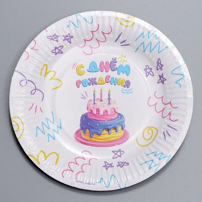 Тарелка одноразовая бумажная &laquo;С днём рождения&raquo; тортик, 18 см
