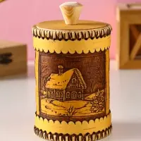 Туес шитый "Домики", D8смхH(с хватком)14см, береста