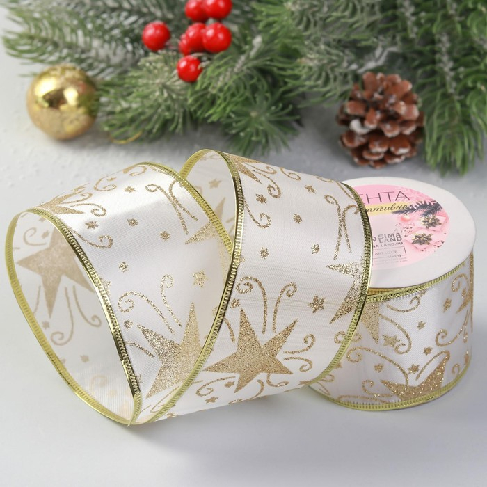 Лента атласная с металлической нитью &laquo;Узоры со звездой&raquo;, 60 мм, 9 &plusmn; 0,5 м, цвет белый/золотой