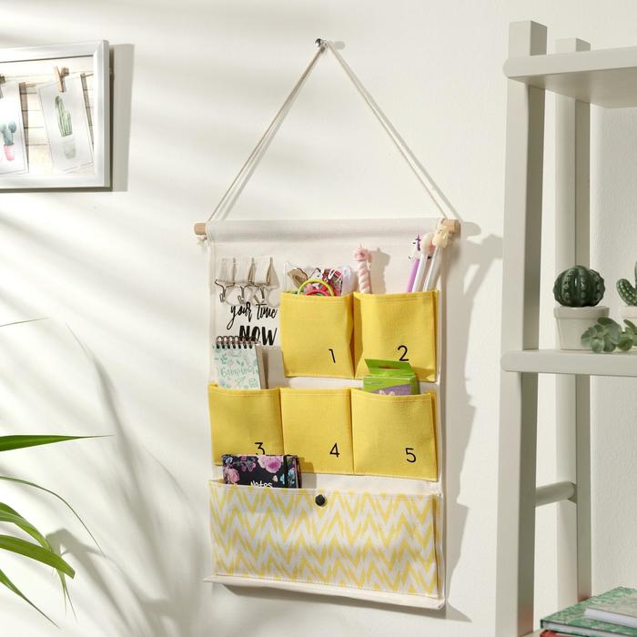 Органайзер подвесной с карманами Доляна &laquo;Время&raquo;, 6 отделений, 49&times;35 см, цвет жёлтый