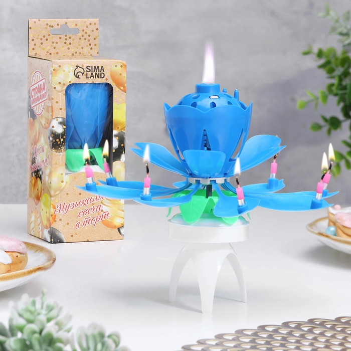 Свеча для торта музыкальная "Тюльпан", крутящаяся, синяя, 14,5&times;6 см