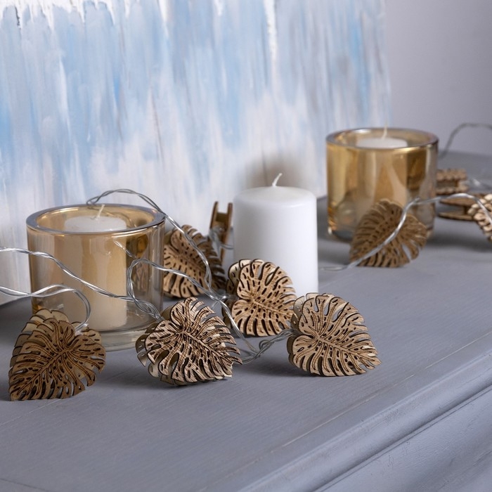 Гирлянда &laquo;Нить&raquo; 2.5 м с насадками &laquo;Листочек&raquo;, IP20, прозрачная нить, 10 LED, батарейки AAх2 (нет в комплекте), свечение тёплое белое