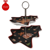 Блюдо фарфоровое 2-х ярусное Доляна &laquo;Новый год. Пряничное волшебство&raquo;, верхний ярус 21&times;17&times;2,2 см, нижний ярус 29&times;24&times;26 см