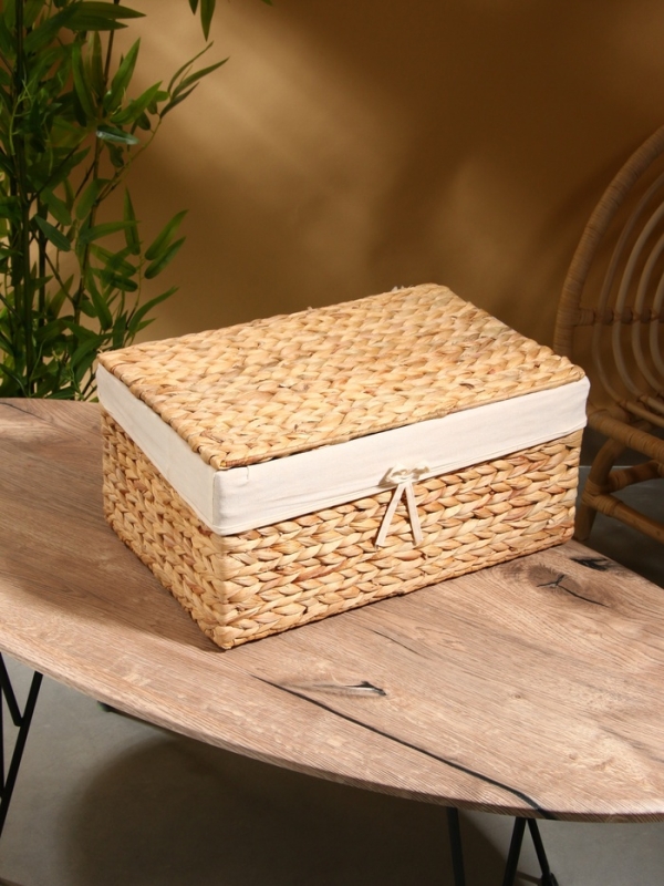 Корзинка прямоугольная с крышкой и тканевым подкладом, 44х30х20 см, водный гиацинт