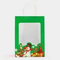 Пакет подарочный бумажный с окном &laquo;Снеговик&raquo; 19&times;26&times;13 см, крафт зеленый