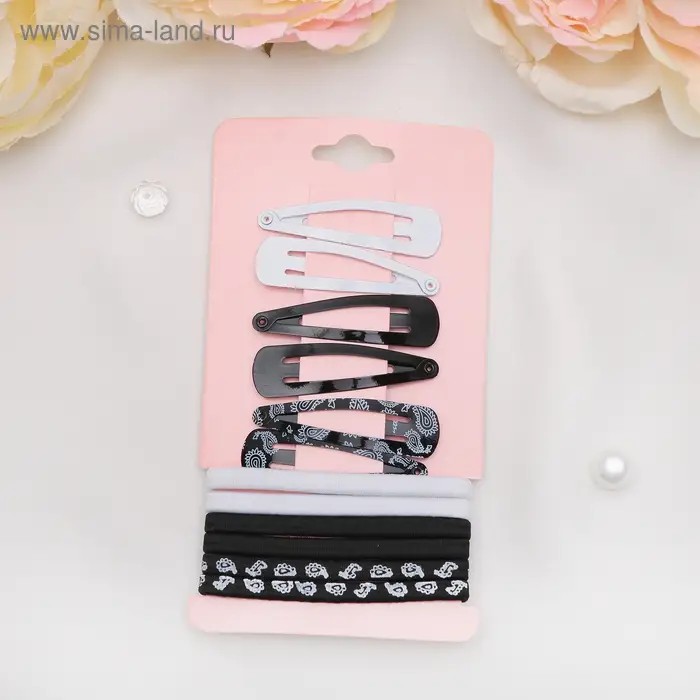 Набор для волос "Прима" (6 резинок, 6 невидимок) чёрно-белые с узором
