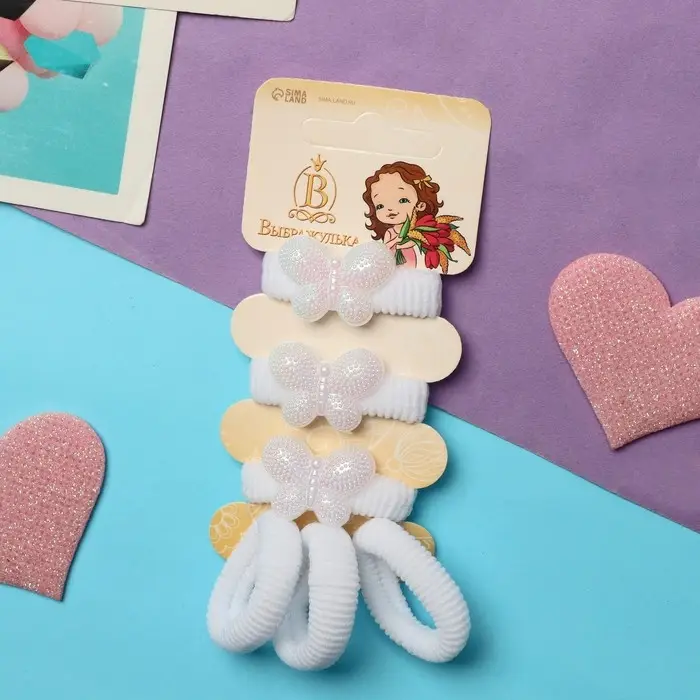 Резинка для волос "Неженка" (набор 6 шт) бабочка, белый