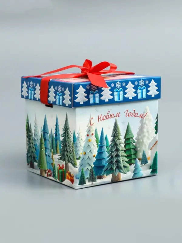 Подарочная новогодняя коробка крышка-дно с атласной лентой 17&times;17&times;17 см