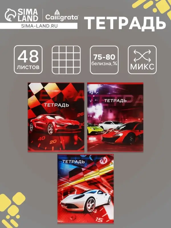 Тетрадь 48 листов в клетку, Calligrata &laquo;Авто&raquo;, обложка мелованная бумага, серые листы, МИКС