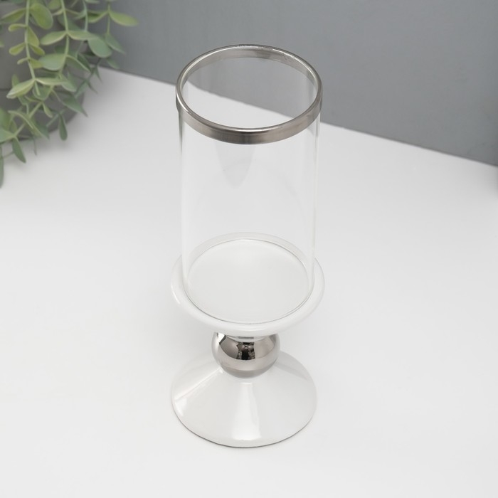 Подсвечник керамика, стекло на 1 свечу "Параллели" d=7,5 см белый с серебром 9,5х9,5х24 см