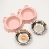 Миска металлическая двойная на пластиковой основе, 27,8 х 15,5 х 4 см, розовая
