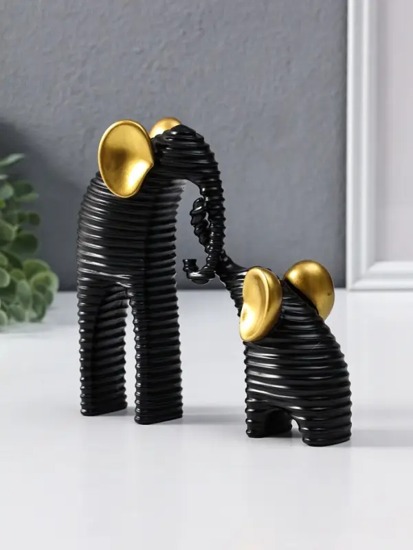 Сувенир полистоун "Слон со слонёнком. Гофре" чёрный с золотом набор 2 шт 5,5х16,5х16,5 см
