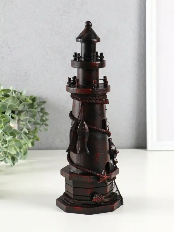 Сувенир интерьерный дерево "Маяк со штурвалом" красно-коричневый 10х10х30 см