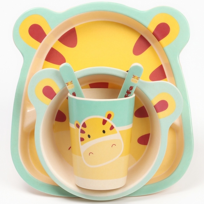 Набор детской посуды из бамбука &laquo;Жирафик&raquo;, 5 предметов: тарелка, миска, стакан, столовые приборы