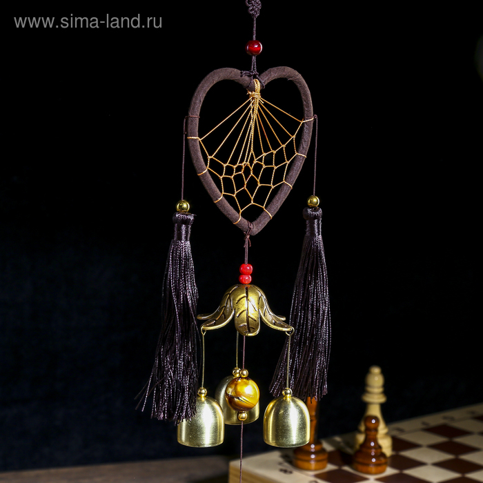 Музыка ветра с ловцом снов "Сердце с кисточками" 4 колокольчика d=10,5 длина 40 см