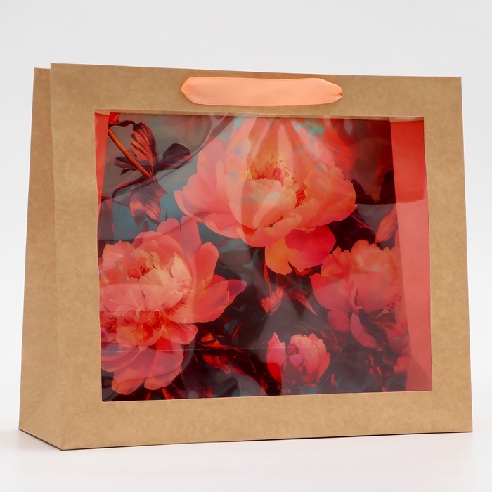 Пакет с PVC окном, "Пионы", 31 х 11 х 26 см