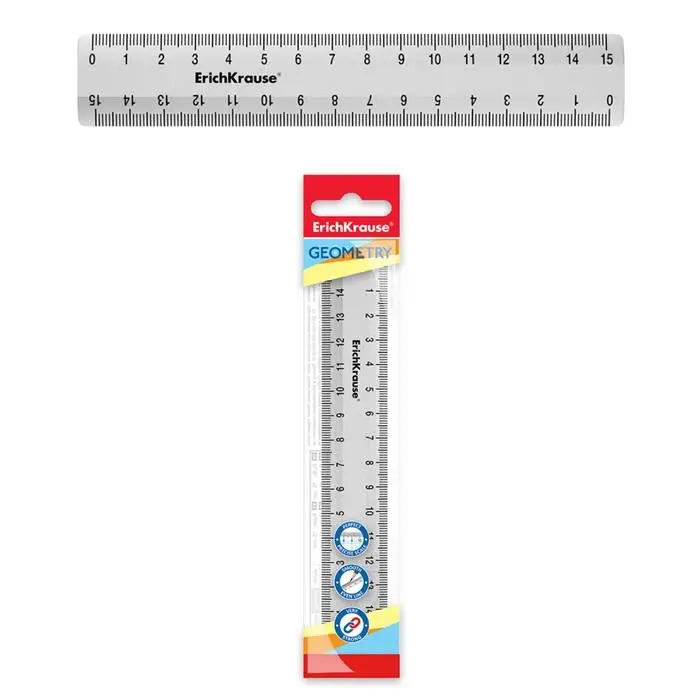 Линейка 15 см ErichKrause "Clear", пластик, двусторонняя шкала, прозрачная, европодвес