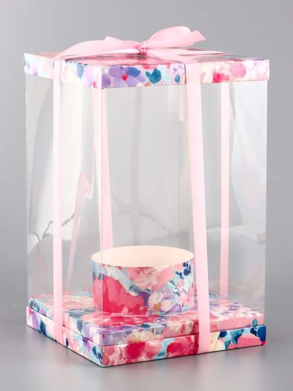 Коробка PVC, для цветов с лентой, 28 х 18 х 18 см, розовый