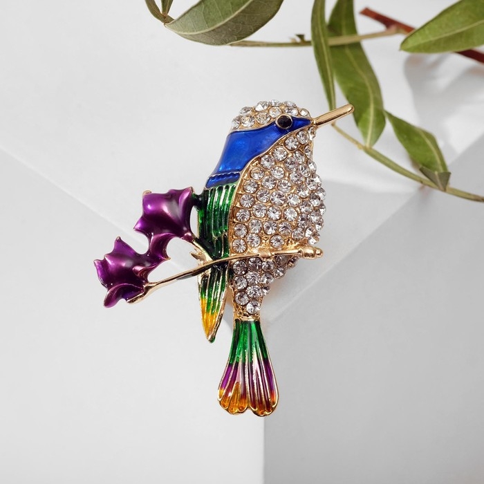 Брошь &laquo;Птичка&raquo; малышка на ветке, цветная в золоте