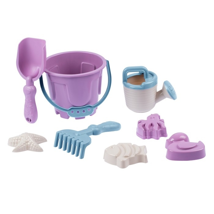 Песочный набор: ведро 1,2 л, лопатка,грабли,4 формочки, лейка 0,2 л, бледно-розовый