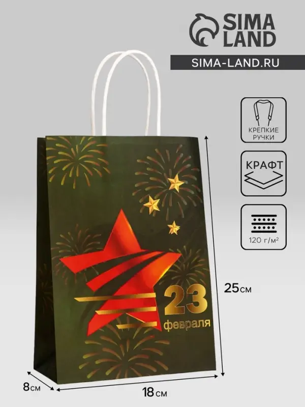 Пакет подарочный крафт &laquo;С 23 Февраля!&raquo; 18&times;8&times;25 См