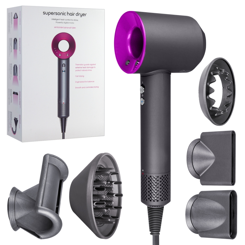 Набор фен supersonic Серый с фиолетовым (6 в 1) 1.8м