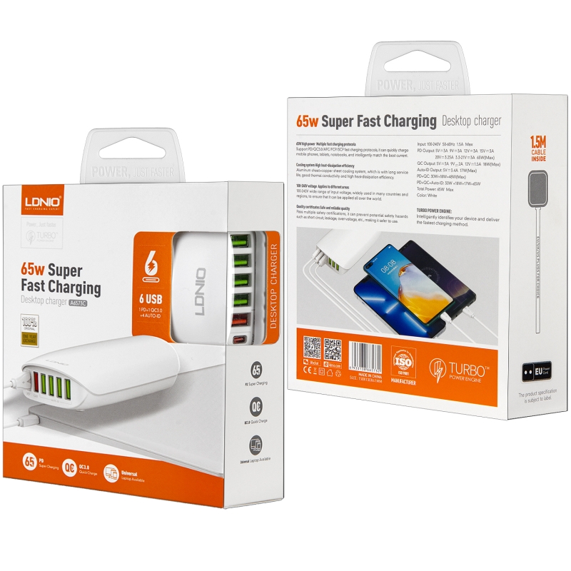 Переходник СЗУ на 5 USB + Type-C 65 WA6573C LDNIO