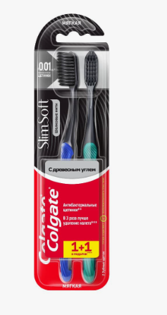 Зубная щетка COLGATE Шелковые нити с древесным углем для здоровья десен, мягкая, 1+1, 2шт.цвет микс