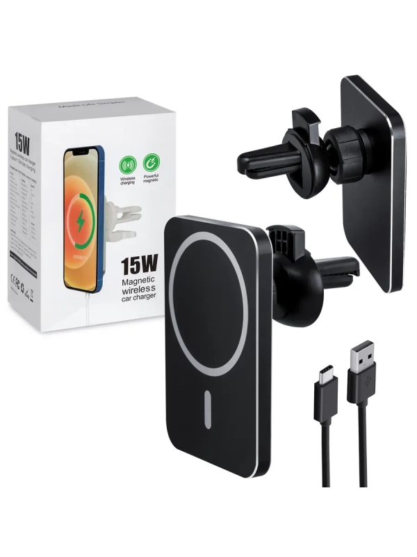 Беспроводная зарядка 15W + Автомобильный держатель магнитный черный